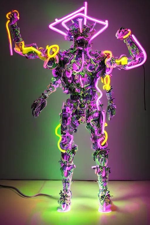 Image similar to full-body neon porcelain baroque cyberpunk style sculpture of a muscular handsome prince as a high-fashion half-robot wearing retro shades with a porcelain body, corrupted battery, leaking glowing neon radioactive liquid, electric sparks, glowing violet laser beam eyes, crown of giant crt monitors, flowing pink and orange neon-colored glitched silk, luminescent fabrics, mechanical raptors. baroque and steampunk elements. full-length view. baroque element. intricate artwork by caravaggio. Very very very very highly detailed epic photo of face. Trending on artstation, octane render, cinematic lighting from the right, hyper realism, octane render, 8k, depth of field, 3D