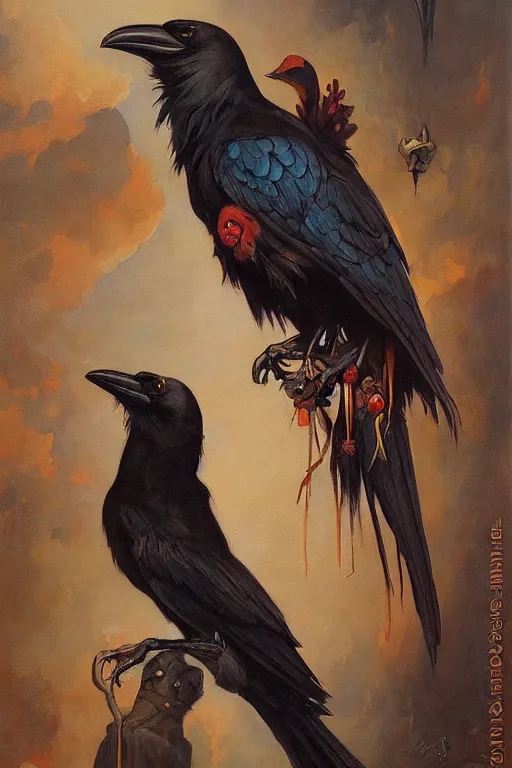 Image similar to Crow fursona by Peter Mohrbacher in the style of Gaston Bussière, Art Nouveau