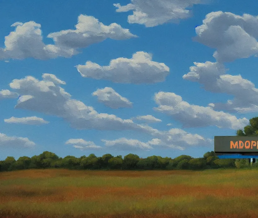 Image similar to a very detailed painting of one billboard on a meadow, billboard has written on it do aliens exist?, baby blue sky with very aesthetic stylized clouds, in the style of edward hopper, very small brushstrokes, 4 k,