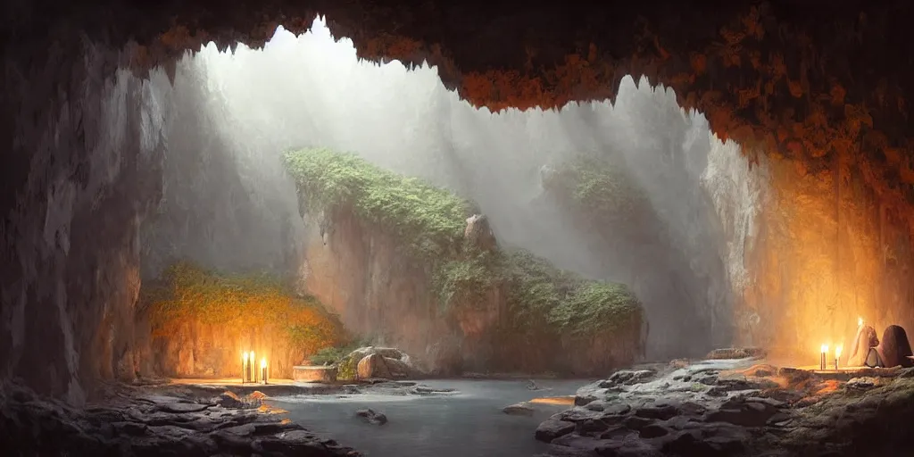 Prompt: cozy, empty bathhouse hidden in a cave, small space!!!!!, vibrant, candlelight, towels, cushions, natural light, lush plants and flowers!!!, elegant, smooth cave rock, fantasy, atmospheric lighting, digital painting, Greg Rutkowski, concept art