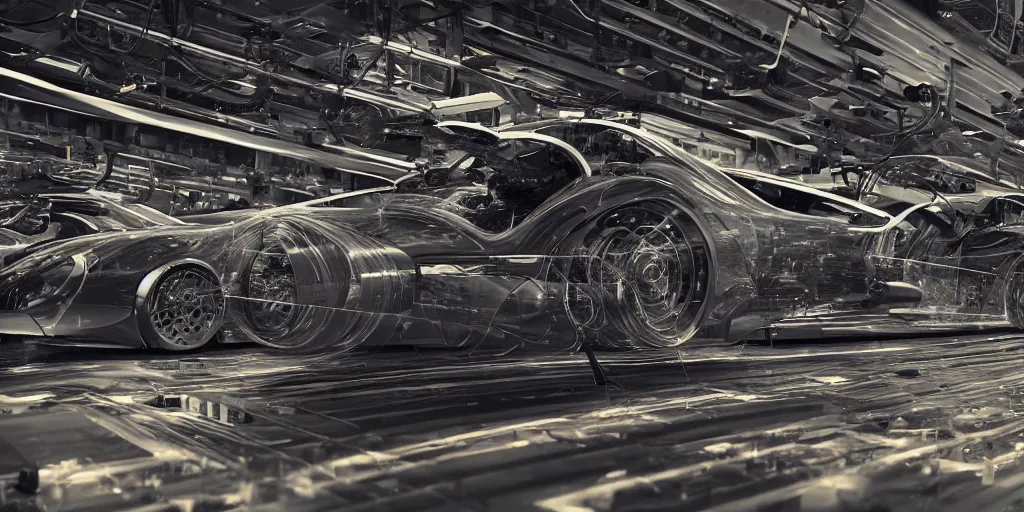 Image similar to carbon fiber automobile production line of hydrogen power energy, science fiction, beautiful, cinematic lighting, intricate details, octane rendering, trending on artstation, featured on behance.