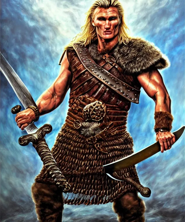 Image similar to a ( fantasy comic ) ( cover art ) portrait of ( dolph lundgren ) as a ( viking warlord ) pointing his sword at the viewer, oil painting by charles moll and don maitz and serhiy krykun and artgerm, photorealistic, d & d, highly detailed!, hd, 4 k, trending on artstation