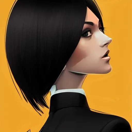 Image similar to slim mafia girl in tuxedo with black bob hair, elegant, 2d, ultra highly detailed, digital painting, smooth, sharp focus, artstation, art by Ilya Kuvshinov