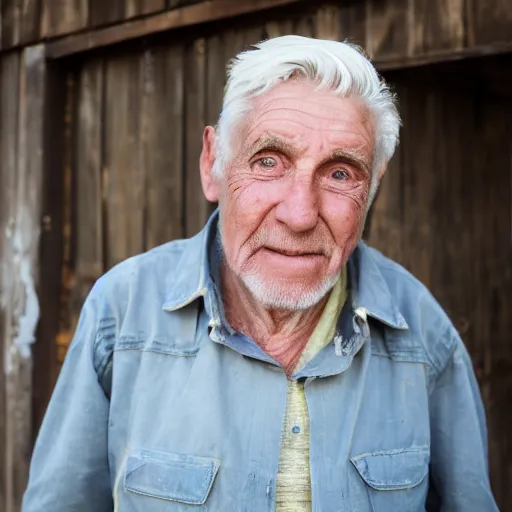 Prompt: a portrait of a humble, sweet provisioner, white hair, wrinkled face, shabby clothes, inside a small wooden building, supplies around. holding a broom