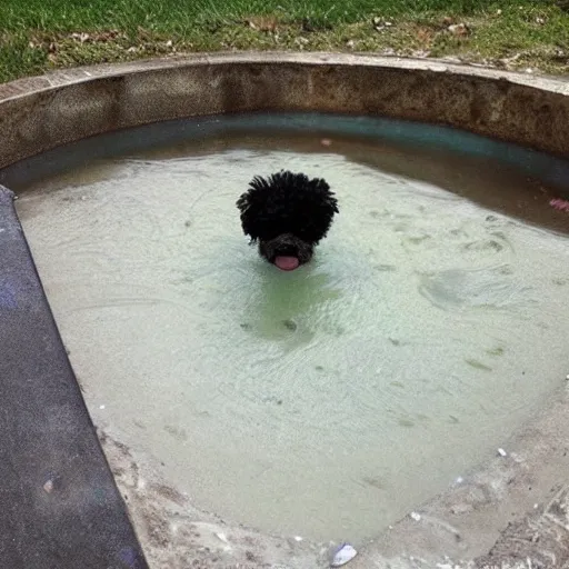 Prompt: an extremely filthy dirty pool, and a cute dog head.