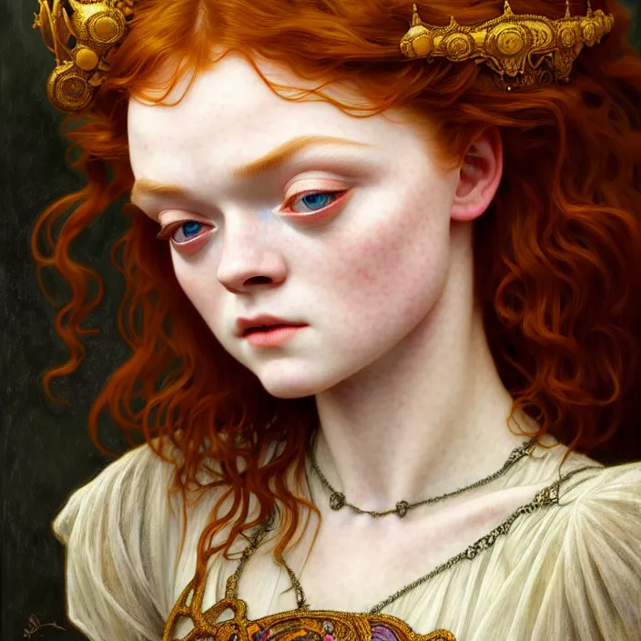 Image similar to ancient queen sadie sink, symetrical, diffuse lighting, fantasy, intricate, elegant, highly detailed, lifelike, photorealistic, digital painting, artstation, illustration, concept art, 4 k, smooth, sharp focus, art by john collier and albert aublet and krenz cushart and artem demura and alphonse mucha