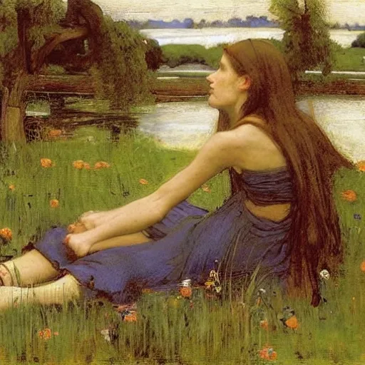 Prompt: A woman sat by a river on overgrown grass by John William Waterhouse !S 1991