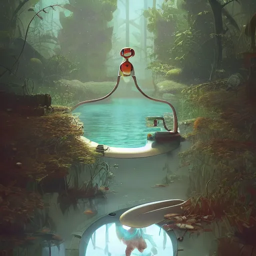 Image similar to Goro Fujita, minimalistic, hyperrealistic surrealism, award winning masterpiece with incredible details, epic stunning, infinity pool, an astronaut alone inside an empty dark flooded ballroom overgrown with aquatic plants, highly detailed, trending on ArtStation, artgerm and greg rutkowski and alphonse mucha, daily deviation, IAMAG