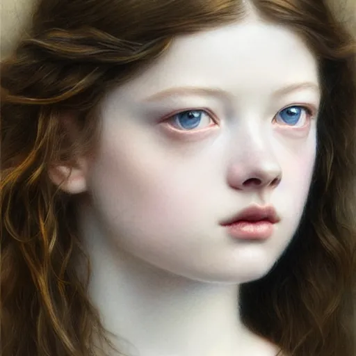 Image similar to beautiful striking Pre-Raphaelite Mackenzie Foy by Artgerm and Greg Rutkowski, intricate, elegant, highly detailed, digital painting, pale