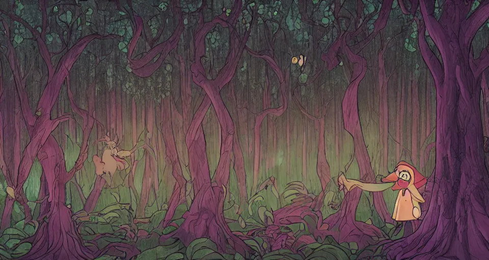 Image similar to A dense and dark enchanted forest with a swamp, by Rebecca Sugar