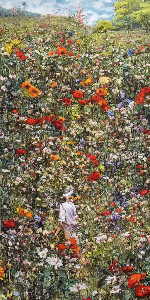 Image similar to oil painting scene from flower fields in the forest by kim jung gi