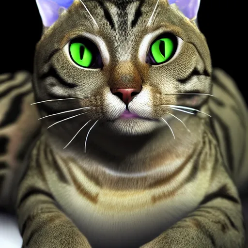 Prompt: photorealistic cat with reptilian features. hyperdetailed photorealism, 1 0 8 megapixels, amazing depth, high resolution, 3 d shading, 3 d finalrender, 3 d cinematic lighting, glowing rich colors, psychedelic overtones, artstation concept art.