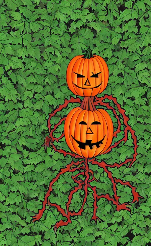 Image similar to a pumpkin monster but it's body is made out of vines and weeds, full body portrait