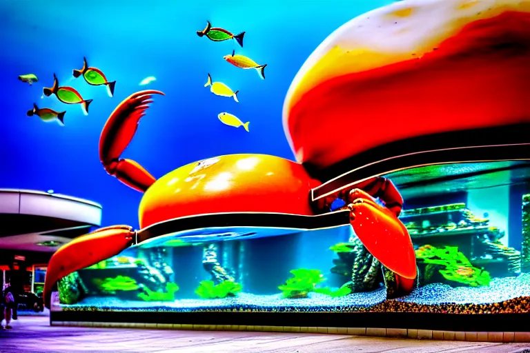 Image similar to 1 9 8 5 crab themed giant aquarium, googie architecture, one point perspective, americana, fishcore, exterior photography, hd 8 k, photography by ansel adams