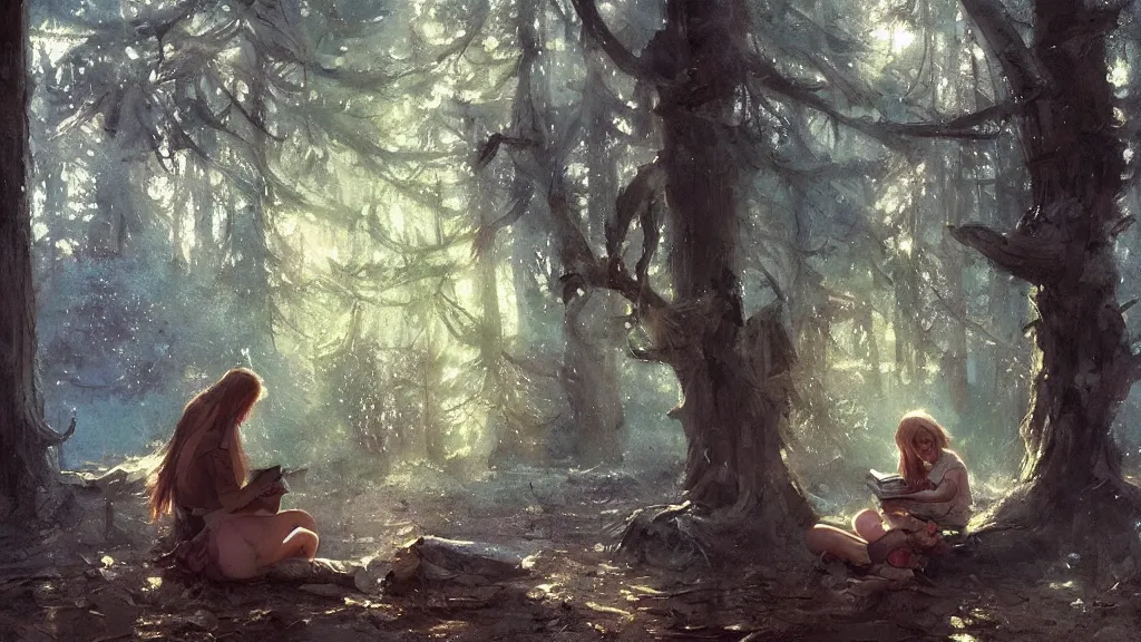 Prompt: cute girl reading on stump in the magical forest, morning light, cute rabbits and deers, by jeremy mann and greg rutkowski, artstation, oil on canvas