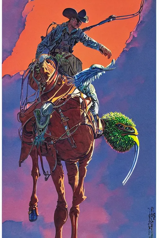 Image similar to illustration of cowboy riding a fantasy emu bird, scifi, art by jean giraud, moebius, juan gimenez, in watercolor gouache detailed paintings, in style of syd mead, colorful comics style, artstation