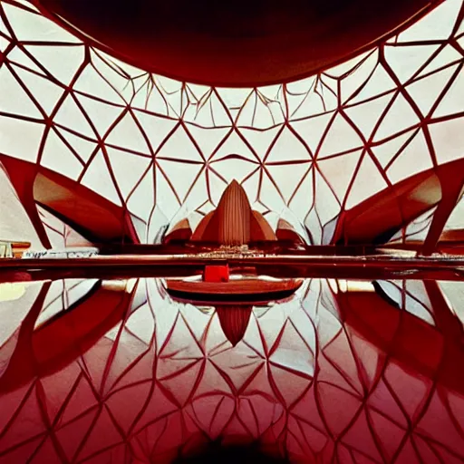 Image similar to interior of a futuristic lotus temple with gold, red and white marble panels, in the desert, by buckminster fuller and syd mead, intricate contemporary architecture, photo journalism, photography, cinematic, national geographic photoshoot