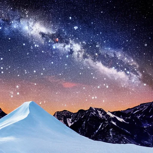 Image similar to a large snowy mountain with a night full of stars and galaxies behind it, cinematic picture