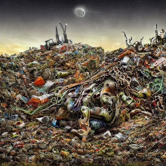 Prompt: a machine made of rubbish with long arms devours other rubbish and creatures in a giant rubbish heap full of strange and terrifying creatures, under a dark green sky in the distance, bones, corpses, monsters, hell, distorted, creepy, by dan seagrave, cinematic photography, cinematic, ue 5, realistic, sci - fi