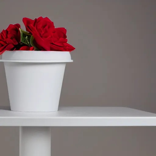 Prompt: an ultra high definition professional studio photograph, 5 0 mm f 1. 4 iso 1 0 0. the photo is set in a plain empty white studio room with a plain white plinth centrally located. the photo depicts a red cup on the plinth in the centre of the image. three point light.