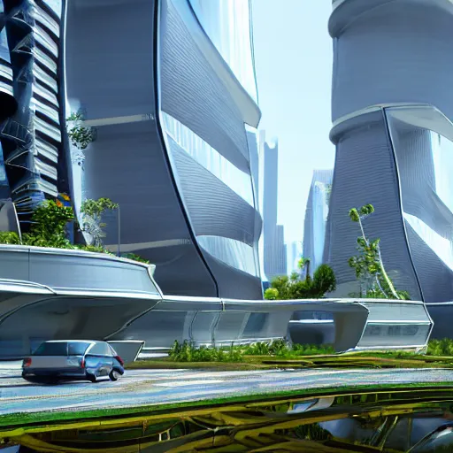 prompthunt: Sunrise over solarpunk city, many trees and plants, archdaily,  straight lines, many flying cars, busy streets filled with pedestrians, sun  rays, vines, vertical gardens, utopia, beautiful glass and steel  architecture, extreme