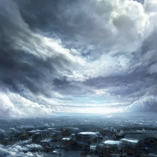 Prompt: world covered with enormous clouds, slightly visible ice covered world, matte painting, concept art, illustration highly detailed artwork cinematic hyper realistic