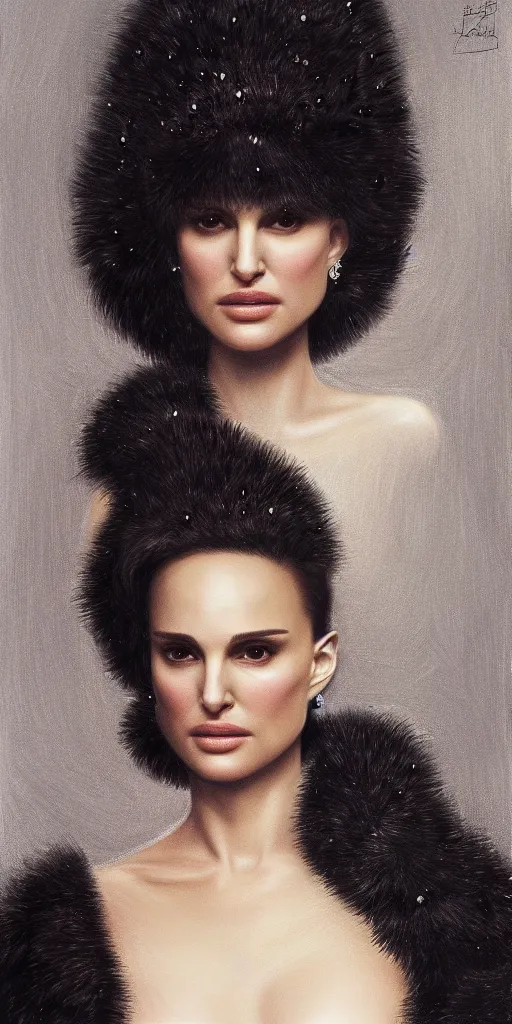 Image similar to Natalie Portman, wearing an evening gown, alexander mcqueen couture, very detailed portrait, ultrarealistic, dramatic lighting, electrical details, high details, 4k, 8k, best, accurate, trending on artstation, fur, artstation, photorealism, ultrarealistic, digital painting, style of Dali, Caravaggio, Boris Vallejo