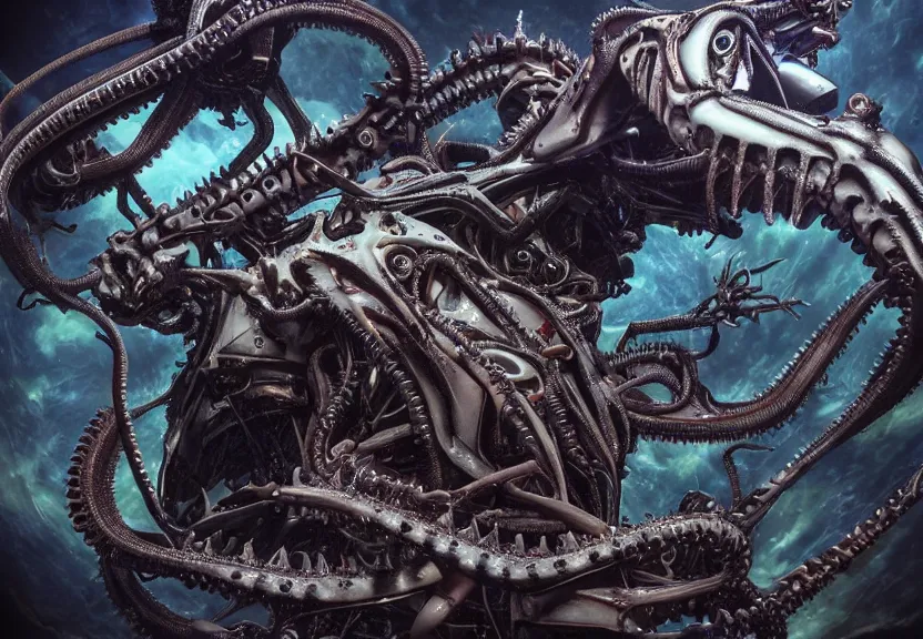 Prompt: extremely detailed. full body pictures of a cybernetic shark octopus gundam evangelion eva motorcycle engine. underwater photography. claws. biomechanical giger ’ s xenomorph. the thing. detailed and intricate environment, wide angle, hyperrealism, plants and jungle, detailed and intricate environment, reflective, dynamic lighting, rembrandt, 8 k