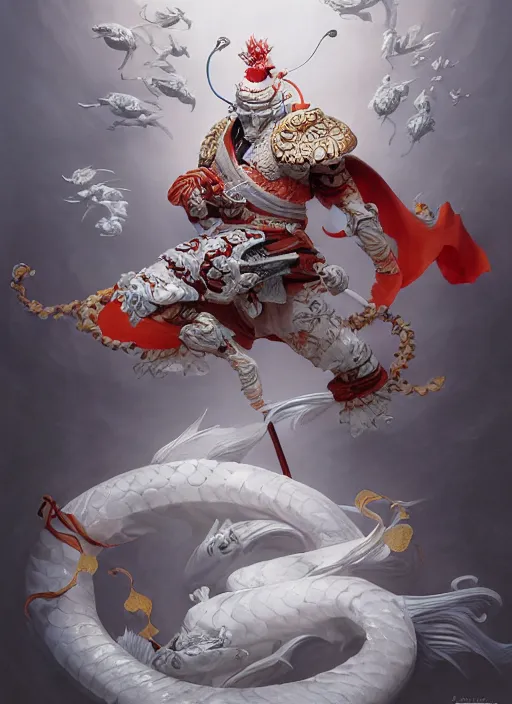 Prompt: subsurface scattering, white, koi, samurai deity with koi armor, floating ribbons, octane render, by jesper ejsing, james jean, justin gerard, tomasz alen kopera, cgsociety and fenghua zhong, highly detailed, rim light, cinematic lighting, art, very coherent, cinematic, hyper realism, high detail, 8 k