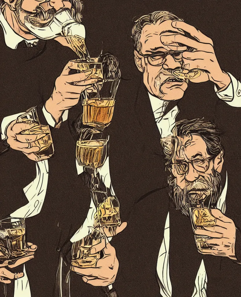 Image similar to man drinking whiskey on birthday, highly detailed 2 d illustration in matte colors, artwork by disney studio