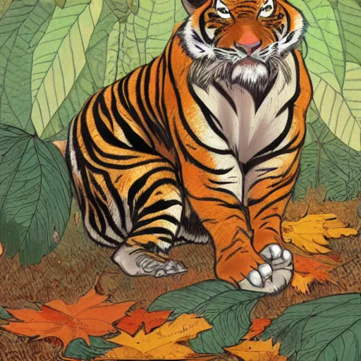 Image similar to a highly detailed portrait of cartoon tiger, sweating, flapping a leaf fan, autumn leaves on the ground, concise lines, ultradetailed environment, sharp focus, cinematic lighting, character art, 8 k, by alphonse maria mucha and kim jung gi