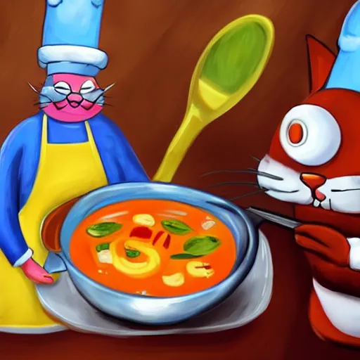 Image similar to anthropomorphic cat chef cooking a delicious colorful soup, digital painting, youtube video thumbnail