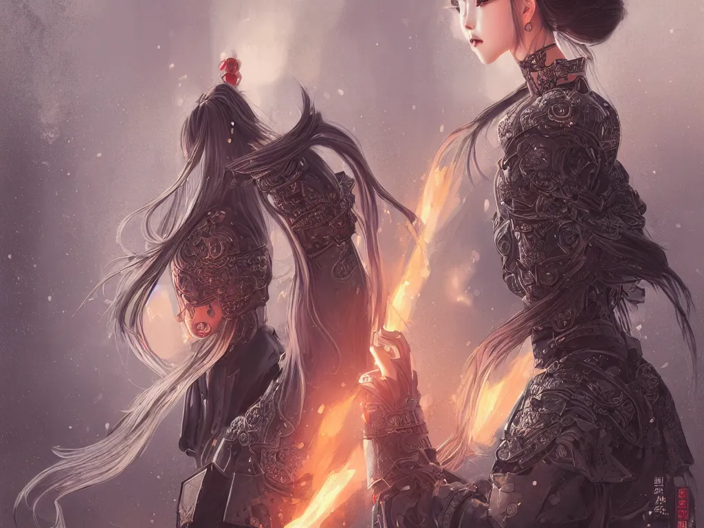 Image similar to portrait jisoo blackpink samurai girl, grey hair armored samurai clothes, in fire japanese temple wet night, ssci - fi and fantasy, intricate and very very beautiful and elegant, highly detailed, digital painting, artstation, concept art, smooth and sharp focus, illustration, art by tian zi and wlop and alphonse mucha