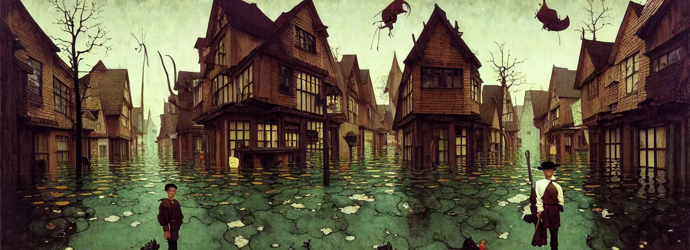 Image similar to flooded old wooden city street, very coherent and colorful high contrast masterpiece by norman rockwell franz sedlacek dean ellis simon stalenhag rene magritte gediminas pranckevicius hieronymus bosch, dark shadows, sunny day, hard lighting, reference sheet white background