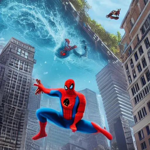 Image similar to fat spider - man falling into a large pool in the middle of a busy city, ultra realistic, hd, 8 k