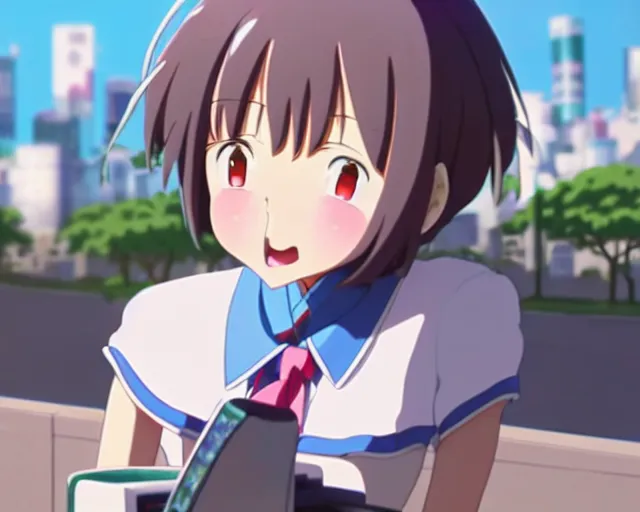 Image similar to anime fine details portrait of joyful school girl talk with robot, city landscape on the background deep bokeh, profile close-up view, anime masterpiece by Studio Ghibli. 8k, sharp high quality anime