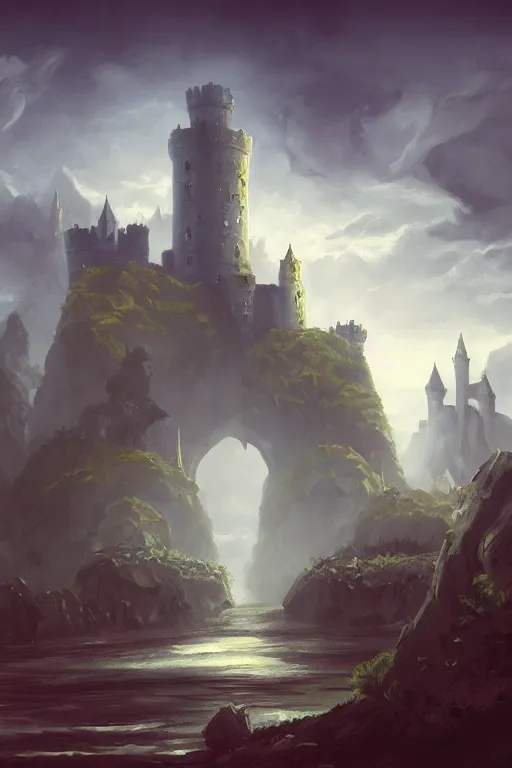 Image similar to hills bridge moat castle concept art gothic fantasy sky, andreas rocha style