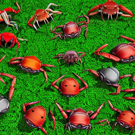 Prompt: large group of crabs and worms, crawling along a bed of moss, low poly, creeper world, handcrafted, artstation, hyperrealistic, hard light, best practices, creeptastic, photorealism, macro perspective, cuddly.