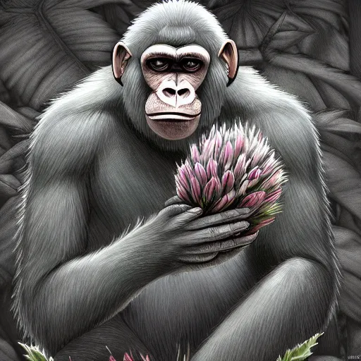 Image similar to A ape plant monster, highly detailed, digital art, sharp focus, trending on art station, artichoke, thistle, anime art style