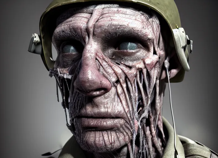 Image similar to mid shot portrait of wwii soldier with transparent skin, visible muscle and bones and veins and nerves, david cronenberg, hyperrealism, detailed textures, photorealistic 3 d cyberpunk apocalyptic city, futuristic clothing and helmet, ultra realistic, cinematic, intricate, cinematic light, unreal engine 8 k, octane render, unreal engine by david kostic and stanley lau and artgerm