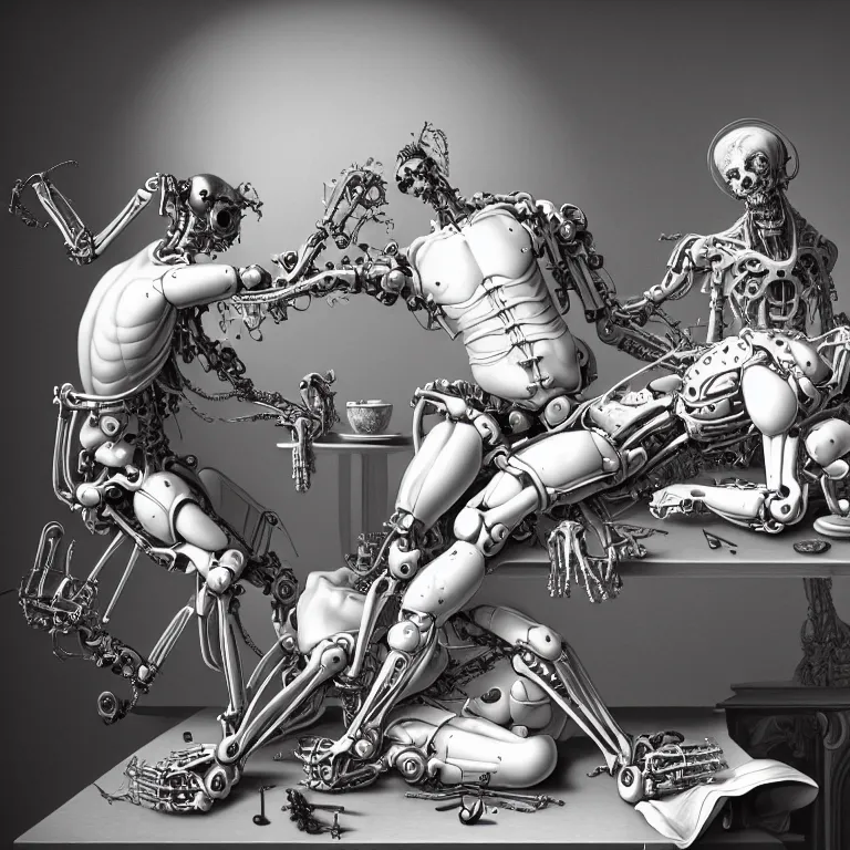 Image similar to still life of two biomechanical cyborg male lovers laying on a table, pastel flowers on a table, surreal alien ribbed pastel fruit, white human spine, baroque painting, beautiful detailed intricate insanely detailed octane render trending on Artstation, 8K artistic photography, photorealistic, chiaroscuro, Raphael, Caravaggio beautiful BW monochrome