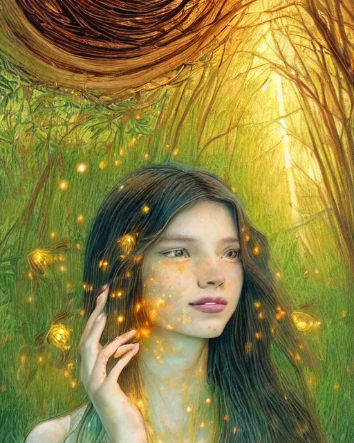 Image similar to a young woman, amazed by the lights of golden fireflies, sitting in the midst of nature fully covered, long loose red hair, intricate linework, open green eyes, small nose with freckles, oval shape face, soft happy smile, realistic, expressive emotions, mystical scene, hyper realistic ultrafine detailed illustration by james jean and albert bierstadt and artgerm