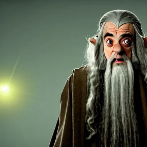 Image similar to mr. bean as gandalf from lord of the rings. movie still. cinematic lighting.