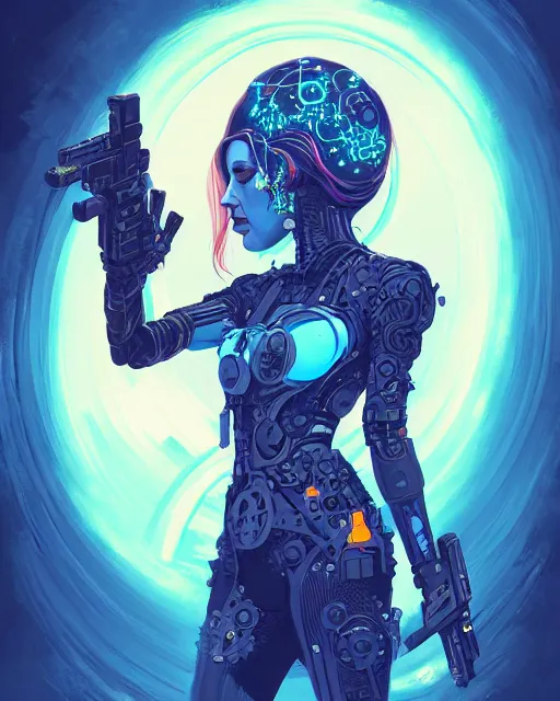 Image similar to A cybernetic witch wielding two Glock pistols, bust shot, smooth, intricate, elegant, power aura, digital painting, artstation, concept art, high tech fantasy, sharp focus, illustration, art by James Jean