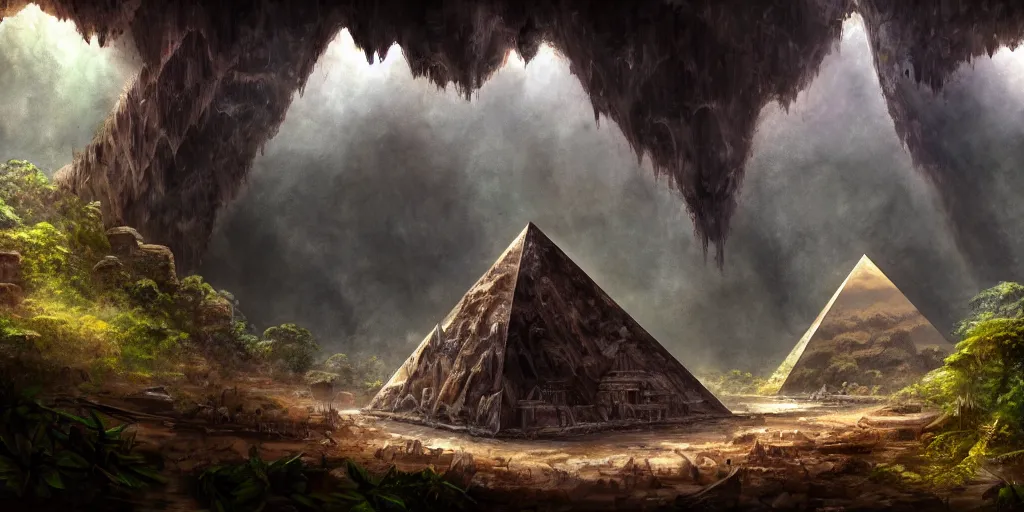 Prompt: a lone chrome pyramid sits inside a rusted cave mouth in the jungle, matte oil painting, merchant tents, ancient world, canyons, science fantasy, rpg, epic, extremely detailed, sharp focus, 4 k