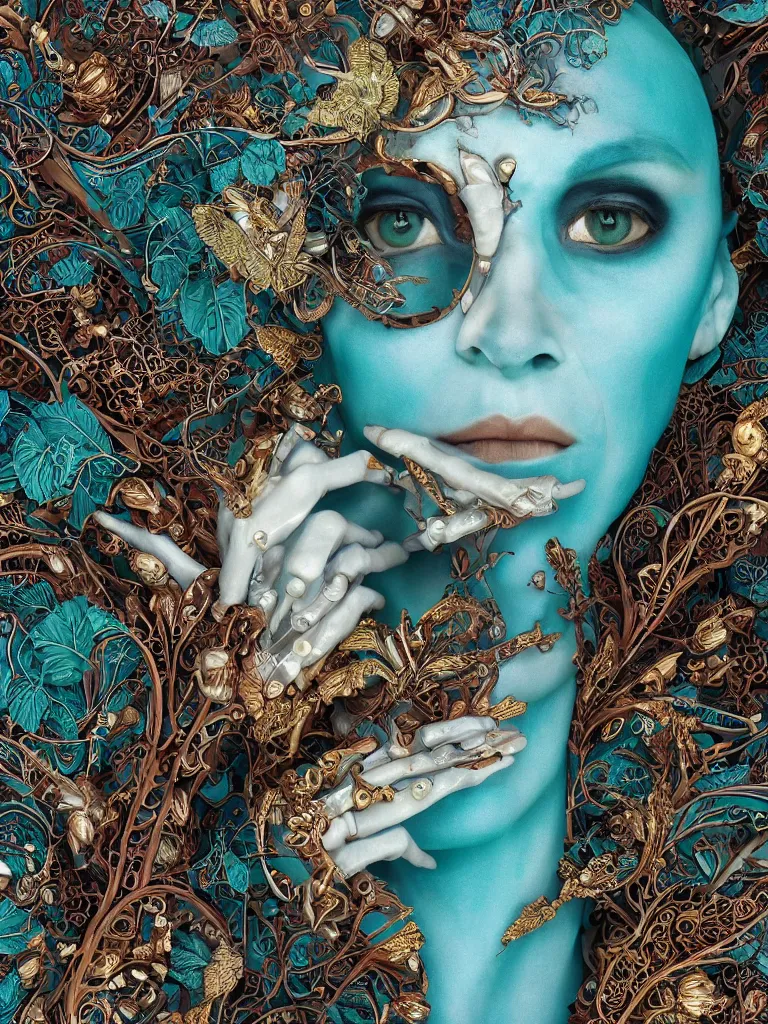 Prompt: cinema 4d colorful render, organic, ultra detailed, of one beautiful dark porcelain old woman face, translucid. biomechanical cyborg, analog, 35mm lens, beautiful natural soft rim light, big leaves, winged insects and stems, roots, fine foliage lace, turquoise gold details, Alexander Mcqueen high fashion haute couture, art nouveau fashion embroidered, intricate details, mesh wire, mandelbrot fractal, anatomical, facial muscles, cable wires, elegant, hyper realistic, in front of dark flower pattern wallpaper, ultra detailed, 8k post-production