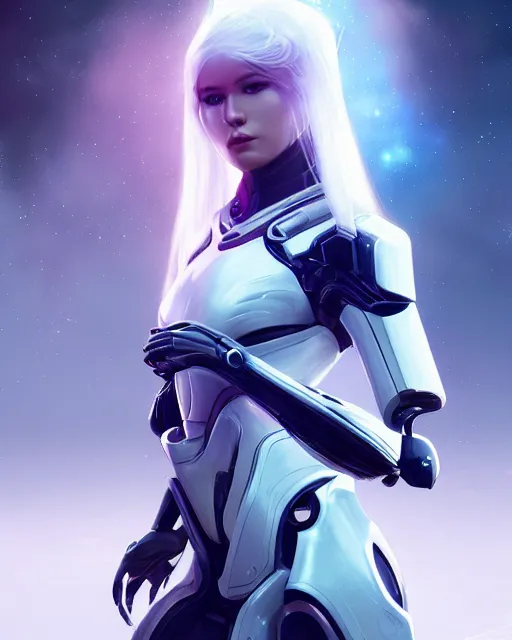 Image similar to perfect android girl on a mothership, warframe armor, beautiful face, scifi, futuristic, galaxy, nebula, raytracing, dreamy, long white hair, blue cyborg eyes, sharp focus, cinematic lighting, highly detailed, artstation, divine, by gauthier leblanc, kazuya takahashi, huifeng huang