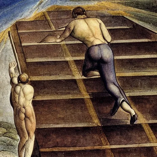 Prompt: george costanza walking up jacob's ladder by william blake