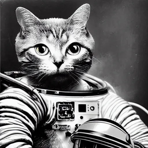 Prompt: astronaut cat on board the sputnik 2, realistic, photo, detailed, patriotic