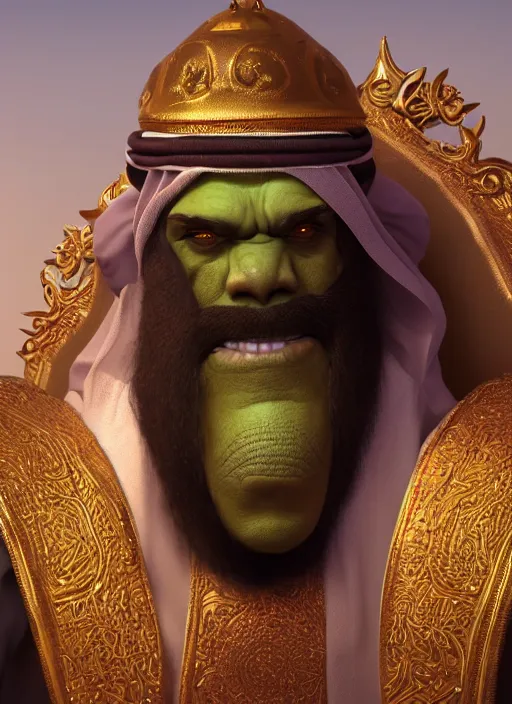 Image similar to portrait of sheikh ruler of dubai, ogre, troll, djinn, head and torso only, cinematic lighting, studio quality, smooth render, unreal engine 5 rendered, octane rendered, art style by klimt and nixeu and ian sprigger and wlop and krenz cushart.